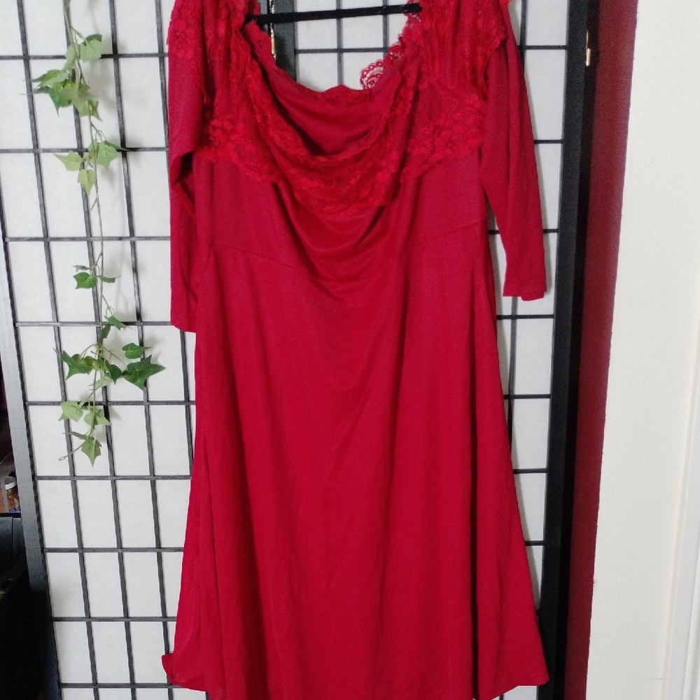 Women's Long Sleeve Red Lace-Trim A-Line Dress